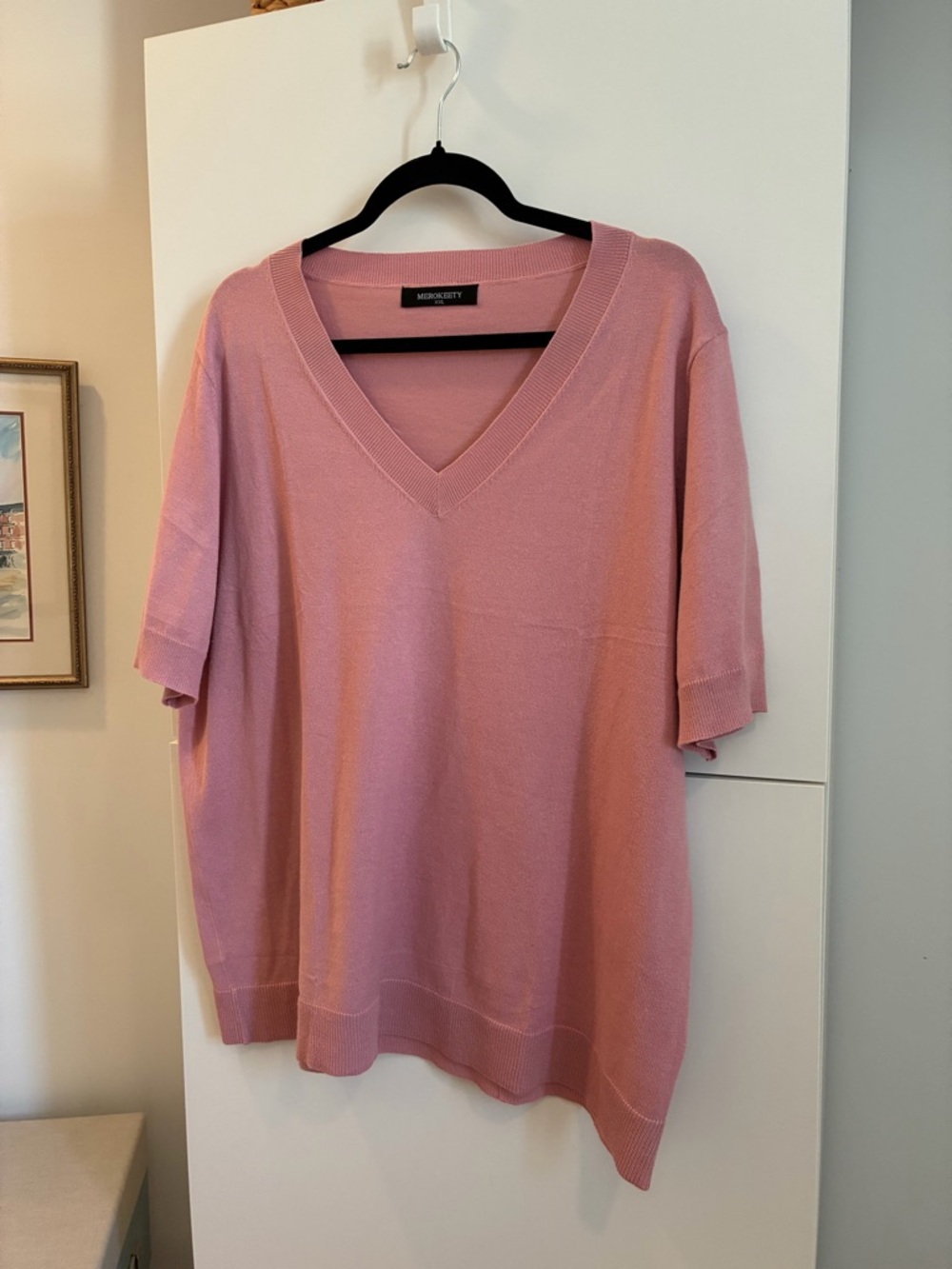 NWOT Merokeety Pink V-Neck Short Sleeve Sweater XXL